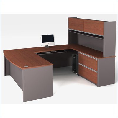 Bestar Connexion U-Shaped Workstation with Assembled Oversized Pedestal in Bordeaux