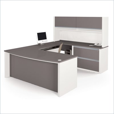 Bestar Connexion U-Shaped Workstation with Assembled Oversized Pedestal in Sandstone