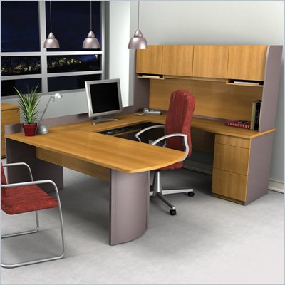 Bestar Executive U-Shape Wood Office Set with Hutch in Cappuccino Cherry & Slate