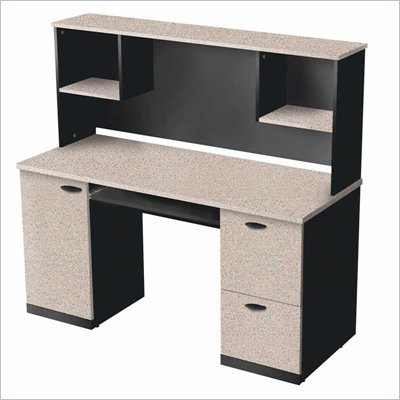 Bestar Hampton Office Computer Wood Desk with Hutch in Sand Granite & Charcoal
