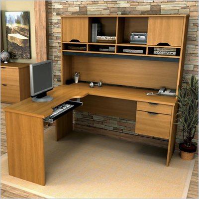Bestar Innova L-Shaped Workstation with Hutch in Cappuccino Cherry