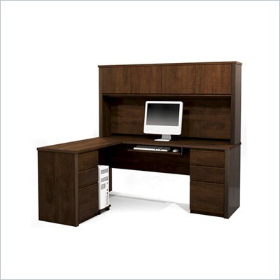 Bestar Prestige + L-Shape Wood Computer Desk Set with Hutch in Chocolate