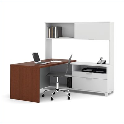 Bestar Pro-Linea L-shaped with Hutch Kit in White and Cognac