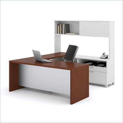 Bestar Pro-Linea U-shaped with Hutch Kit in White and Cognac