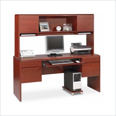Bestar Willow Creek II Wood Home Office Credenza Desk Set with Hutch in Bordeaux