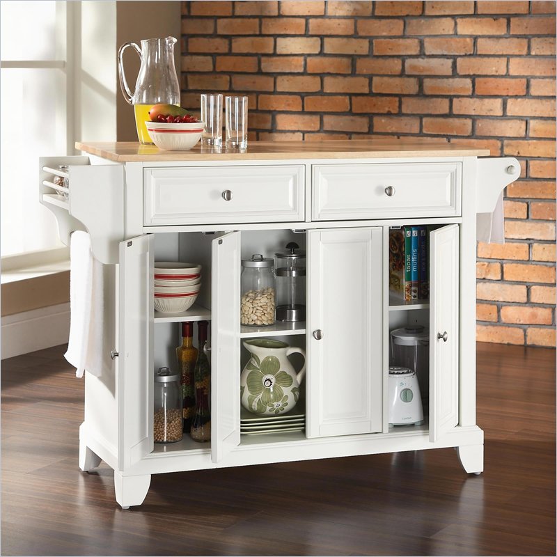 Crosley Newport Kitchen Island with Natural Wood Top in White