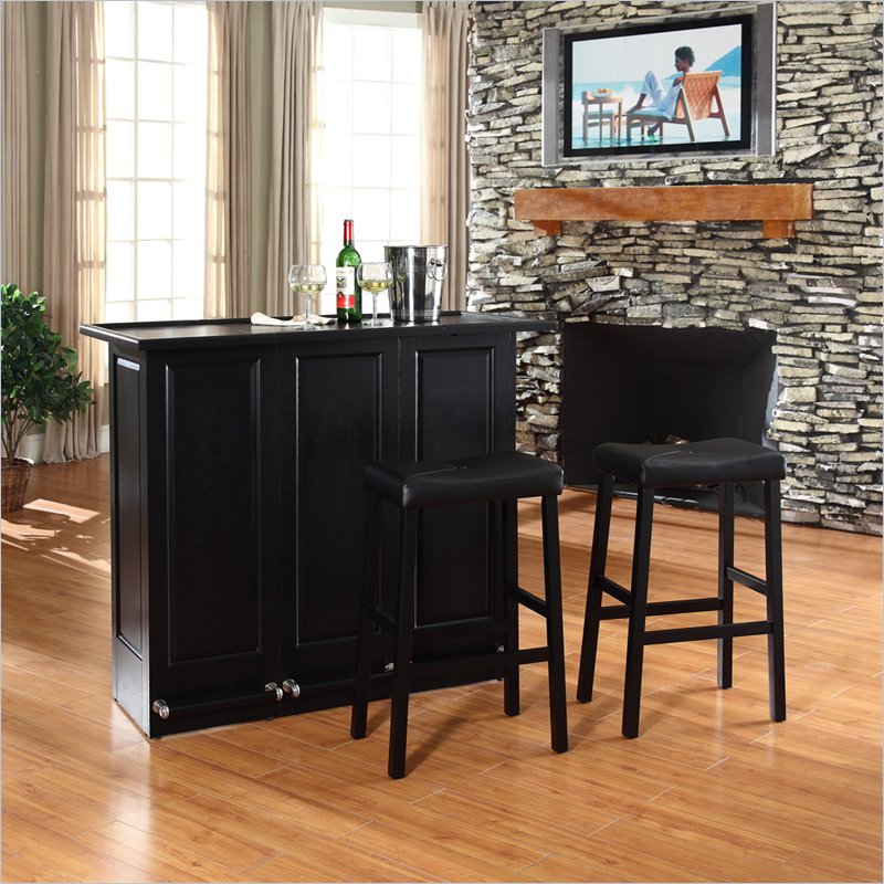 Crosley Furniture KF400034BK Mobile Folding Bar with 29 Upholstered Saddle Stools in Black