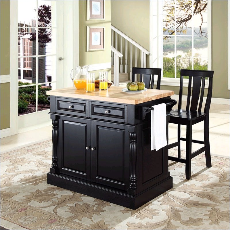 Crosley Furniture KF300061BK Oxford Butcher Block Top Kitchen Island with 24 Shield Back Stools in Black