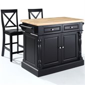 Crosley Oxford Butcher Block Top Kitchen Island with Stools in Black