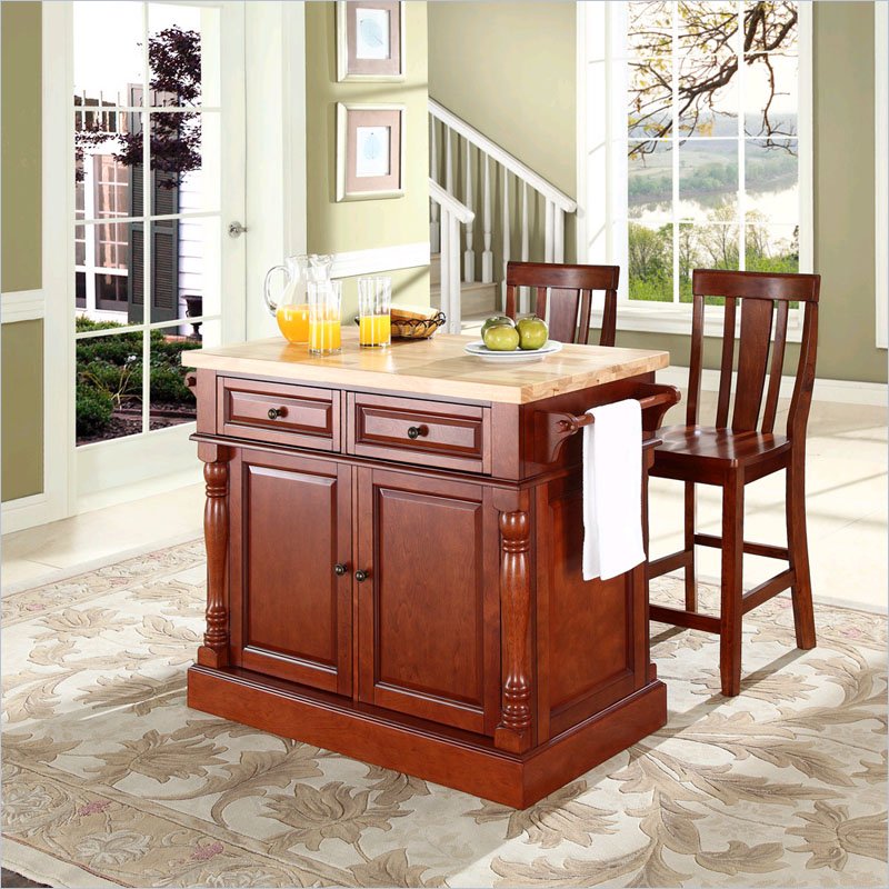 Crosley Furniture KF300061CH Oxford Butcher Block Top Kitchen Island with 24 Shield Back Stools in Cherry