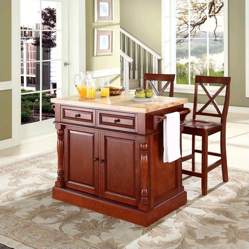 Crosley Furniture KF300063CH Oxford Butcher Block Top Kitchen Island with 24 X-Back Stools in Cherry