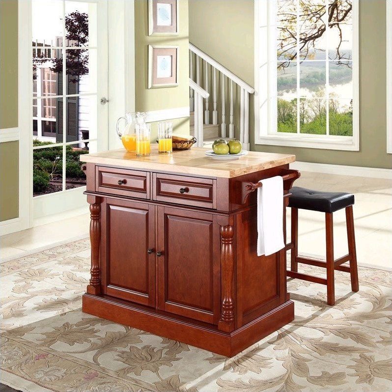 Crosley Furniture KF300064CH Oxford Butcher Block Top Kitchen Island with 24 Upholstered Saddle Stools in Cherry