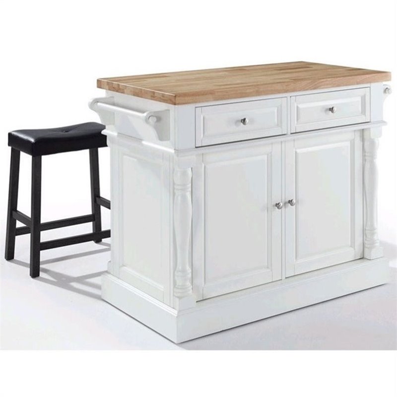 Crosley Furniture KF300064WH Oxford Butcher Block Top Kitchen Island with 24 Upholstered Saddle Stools in White
