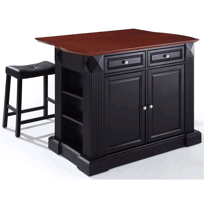 Crosley Furniture KF300074BK Coventry Drop Leaf Breakfast Bar Top Kitchen Island with 24 Upholstered Saddle Stools in Black