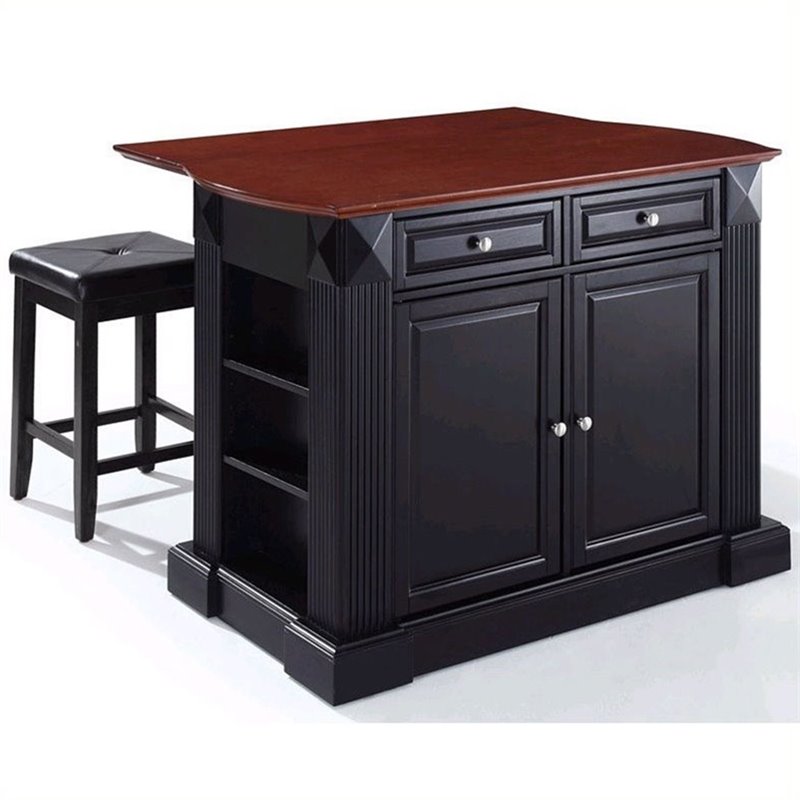 Crosley Furniture KF300075BK Coventry Drop Leaf Breakfast Bar Top Kitchen Island with 24 Upholstered Square Seat Stools in Black