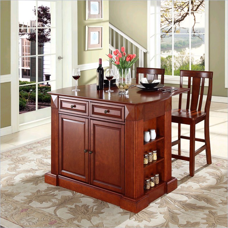 Crosley Furniture KF300071CH Coventry Drop Leaf Breakfast Bar Top Kitchen Island with 24 Shield Back Stools in Cherry
