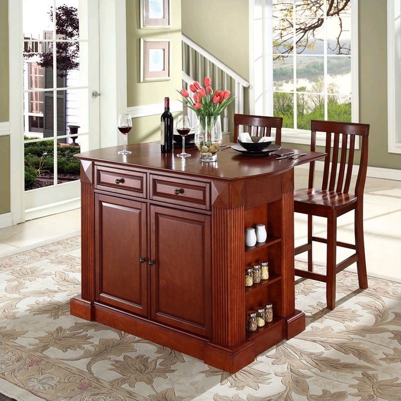Crosley Furniture KF300072CH Coventry Drop Leaf Breakfast Bar Top Kitchen Island with 24 School House Stools in Cherry