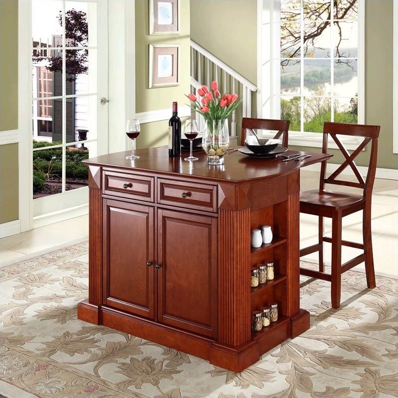 Crosley Furniture KF300073CH Coventry Drop Leaf Breakfast Bar Top Kitchen Island with 24 X-Back Stools in Cherry