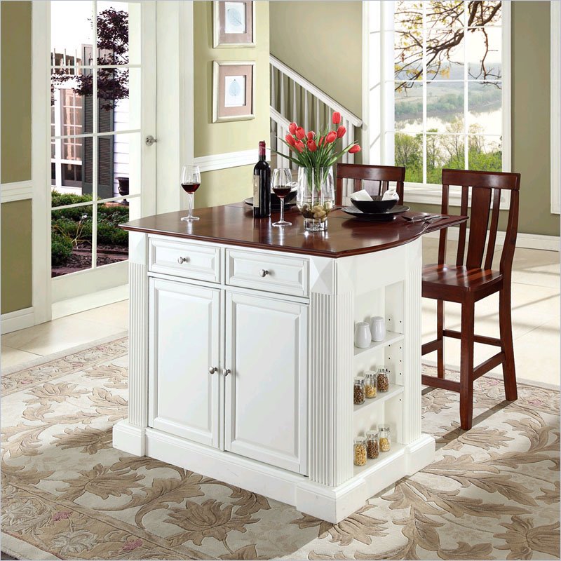 Crosley Furniture KF300071WH Coventry Drop Leaf Breakfast Bar Top Kitchen Island with 24 Shield Back Stools in White
