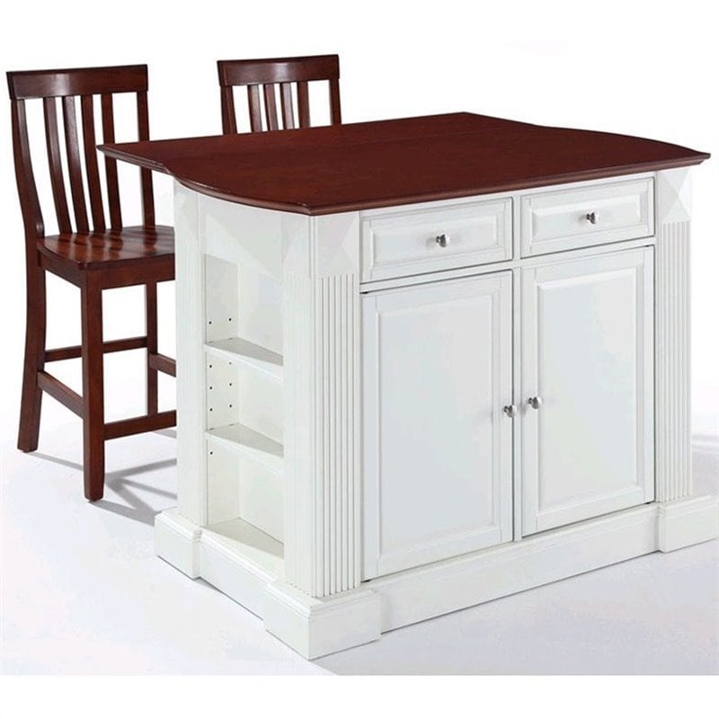 Crosley Furniture KF300072WH Coventry Drop Leaf Breakfast Bar Top Kitchen Island with 24 School House Stools in White