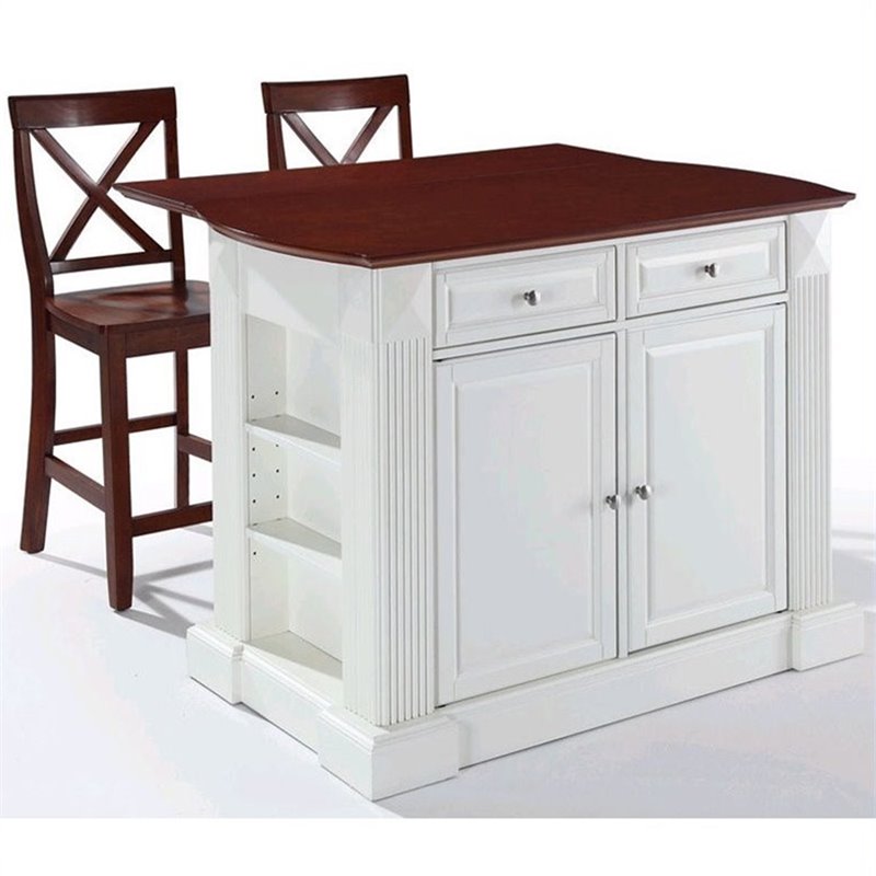 Crosley Furniture KF300073WH Coventry Drop Leaf Breakfast Bar Top Kitchen Island with 24 X-Back Stools in White