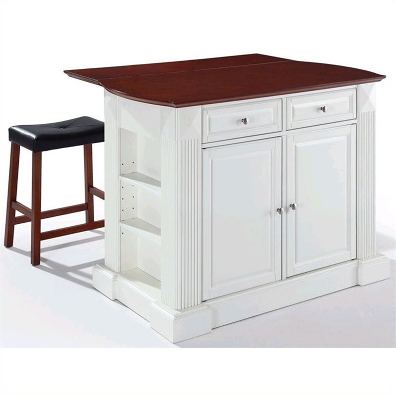 Crosley Furniture KF300074WH Coventry Drop Leaf Breakfast Bar Top Kitchen Island with 24 Upholstered Saddle Stools in White