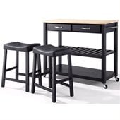 Crosley Natural Wood Top Kitchen Cart/Island with Stools in Black