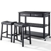 Crosley Solid Black Granite Top Kitchen Cart/Island with Stools in Black