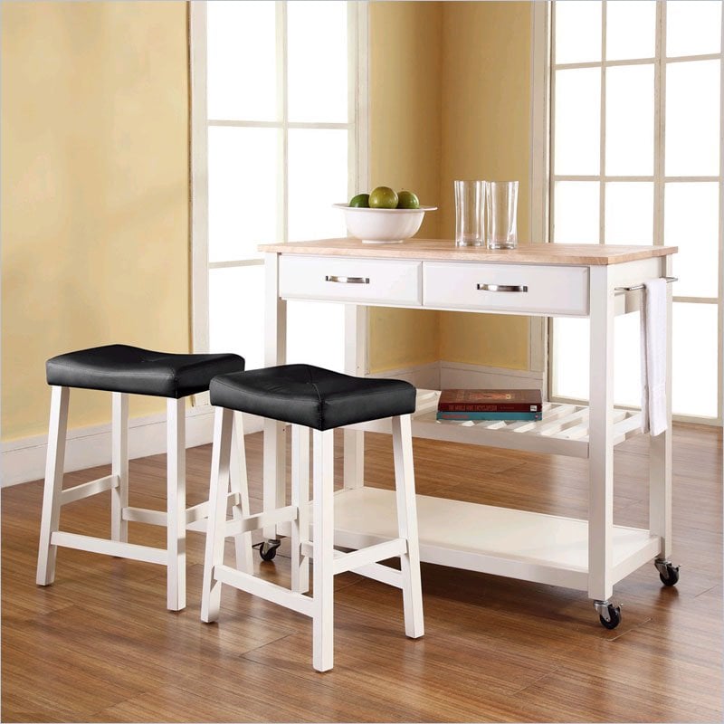 Crosley Furniture KF300514WH Natural Wood Top Kitchen Island with 24 Upholstered Saddle Stools in White