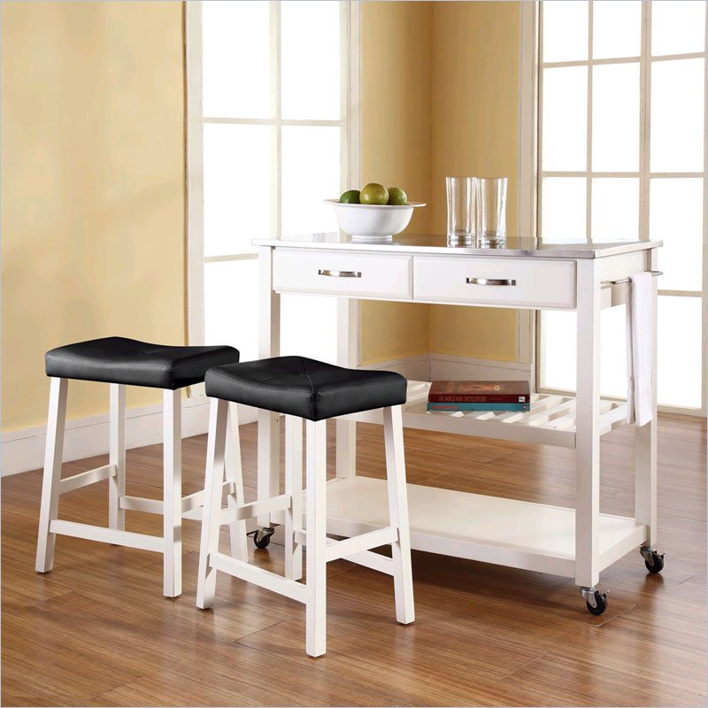 Crosley Furniture KF300524WH Stainless Steel Top Kitchen Island with 24 Upholstered Saddle Stools in White