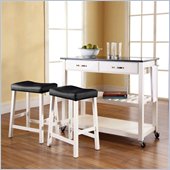 Crosley Solid Black Granite Top Kitchen Cart/Island with Stools in White