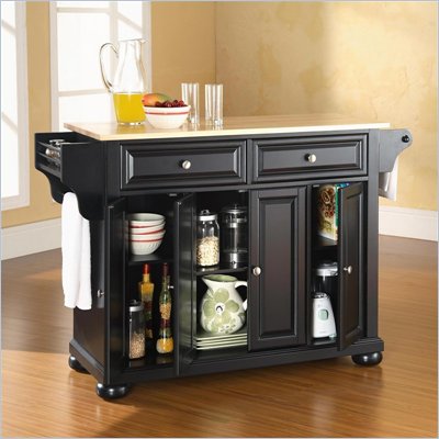 Crosley Furniture Alexandria Natural Wood Top Kitchen Island in Black Finish