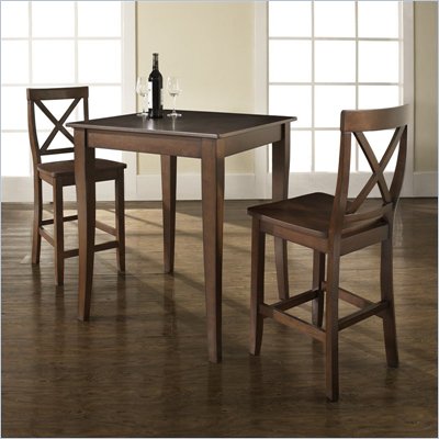 Crosley Furniture 3 Piece Pub Dining Set with Cabriole Leg and X-Back Stools in Vintage Mahogany Finish