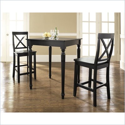 Crosley Furniture 3 Piece Pub Dining Set with Turned Leg and X-Back Stools in Black Finish