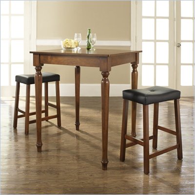 Crosley Furniture 3 Piece Pub Dining Set with Turned Leg and Upholstered Saddle Stools in Classic Cherry Finish