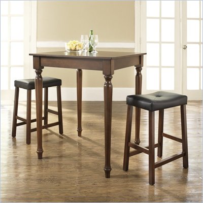 Crosley Furniture 3 Piece Pub Dining Set with Turned Leg and Upholstered Saddle Stools in Vintage Mahogany Finish