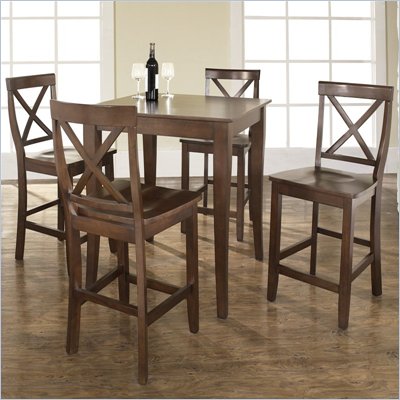 Crosley Furniture 5 Piece Pub Dining Set with Cabriole Leg and X-Back Stools in Vintage Mahogany Finish