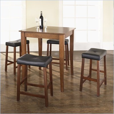 Crosley Furniture 5 Piece Pub Dining Set with Cabriole Leg and Upholstered Saddle Stools in Classic Cherry Finish