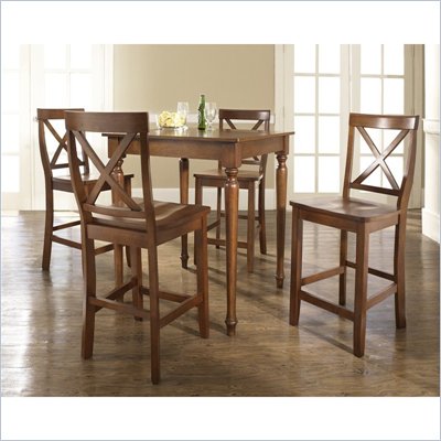 Crosley Furniture 5 Piece Pub Dining Set with Turned Leg and X-Back Stools in Classic Cherry Finish