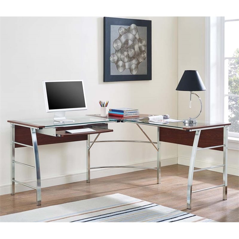 Ameriwood Home Wingate Glass Top L Shaped Computer Desk In Cherry