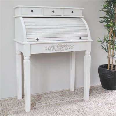 International Caravan Carved Wood Roll Top Desk in White