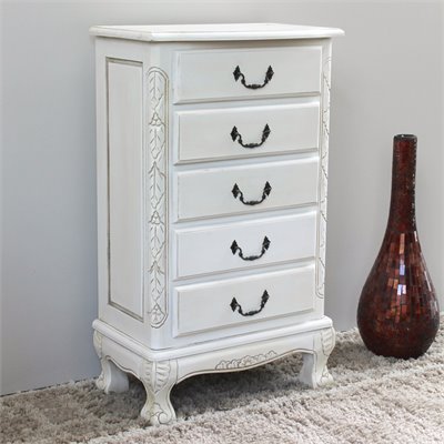 International Caravan Five Drawer Carved Jewelry Chest in White