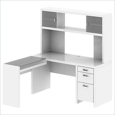 Kathy Ireland by Bush New York Skyline L-Shape Desk with Hutch Office Set in Plumeria White