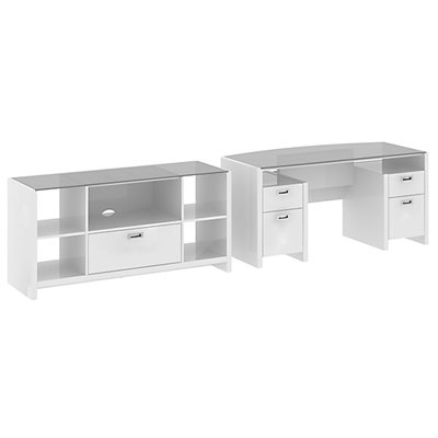 Kathy Ireland by Bush New York Skyline Bow-Front Desk with Credenza/TV Stand in Plumeria White