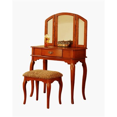 Poundex Bobkona Jaden Vanity Set with Stool in Oak
