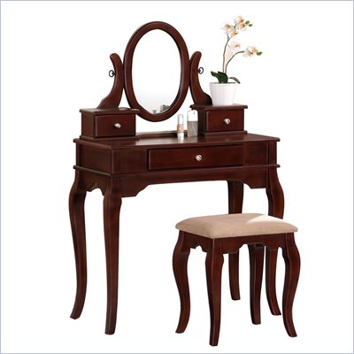 Poundex Bobkona Rylan Vanity Set with Stool in Dark Cherry