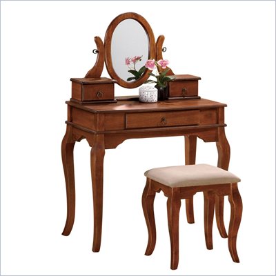 Poundex Bobkona Rylan Vanity Set with Stool in Walnut