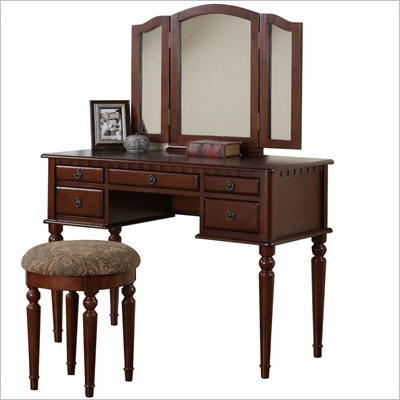 Poundex Bobkona St. Croix Vanity Set with Stool in Cherry
