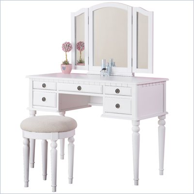 Poundex Bobkona St. Croix Vanity Set with Stool in White