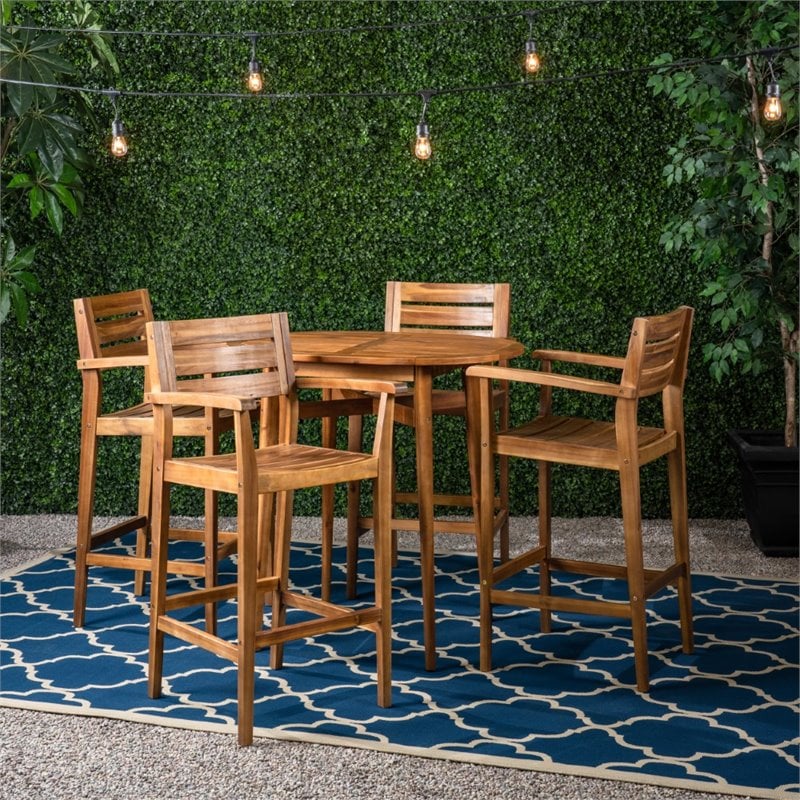 Noble House Stamford Outdoor Piece Acacia Wood Bar Set in Teak
